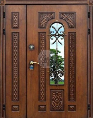 Тамбурная двустворчатая стальная дверь с ковкой и стеклом, отделка шпоном-ДВ-1026